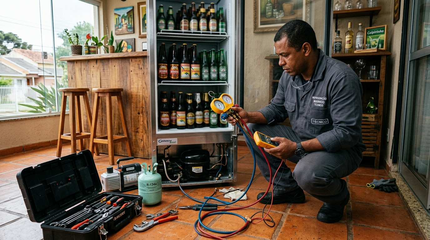 Profissional executando reparo no motor de cervejeira em Marília‑SP