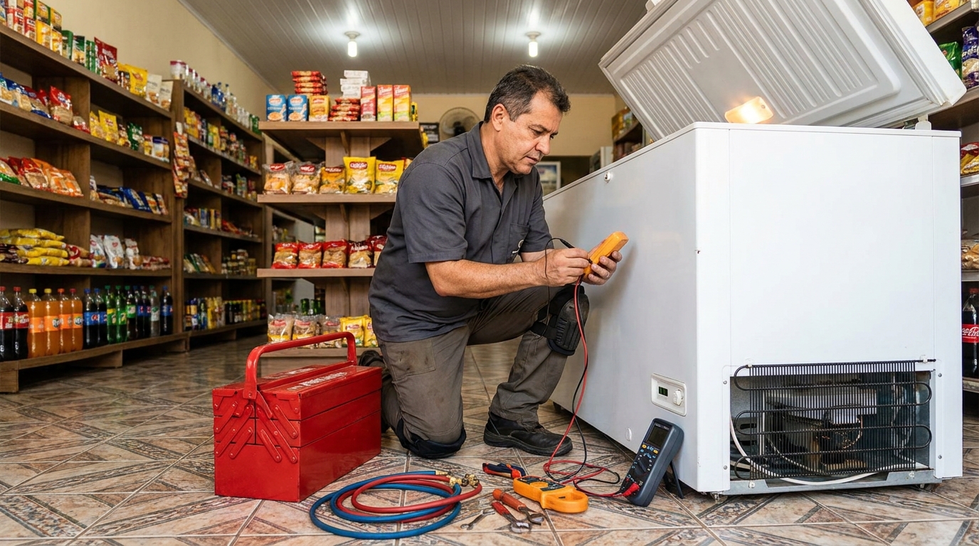 Recarga de gás refrigerante no freezer durante atendimento em Marília‑SP