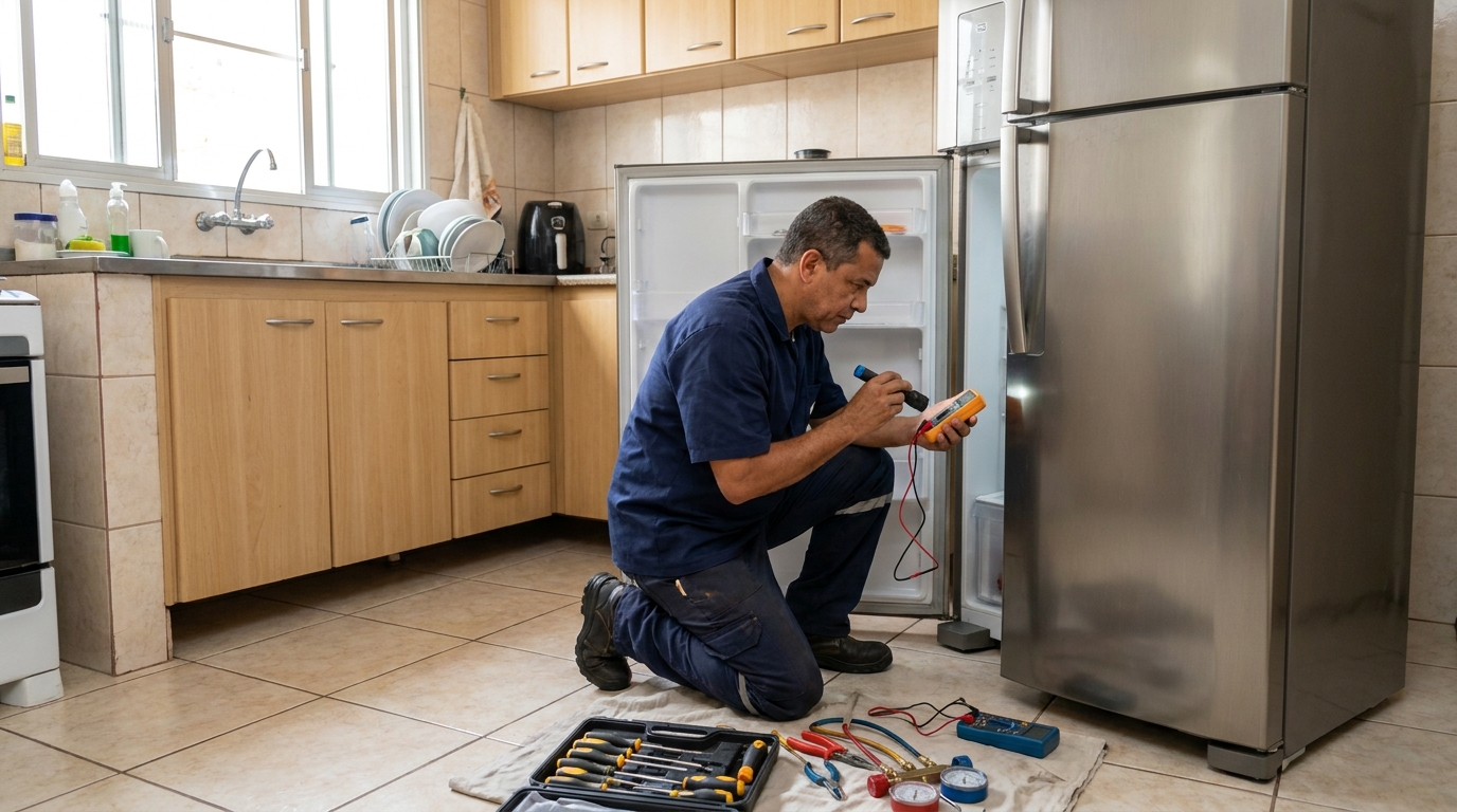 Técnico aplicando recarga de gás refrigerante em geladeira em Marília‑SP